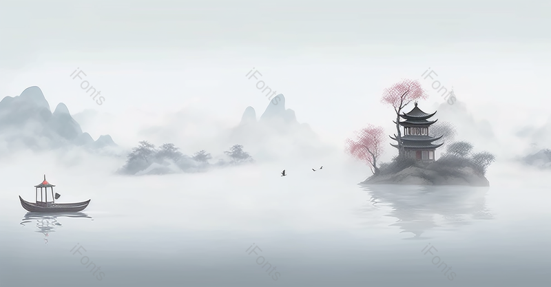 新中式淡蓝色湖面小船背景插画,插画/手绘图,插画/手绘图库,插画/手绘图下载,插画/手绘